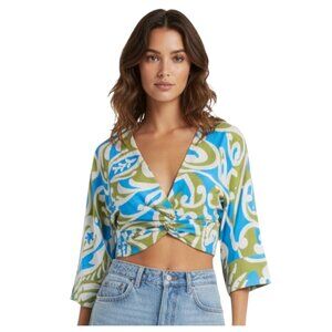 Zara Linen Blend Knot Front Crop Top Blue Green Print XS